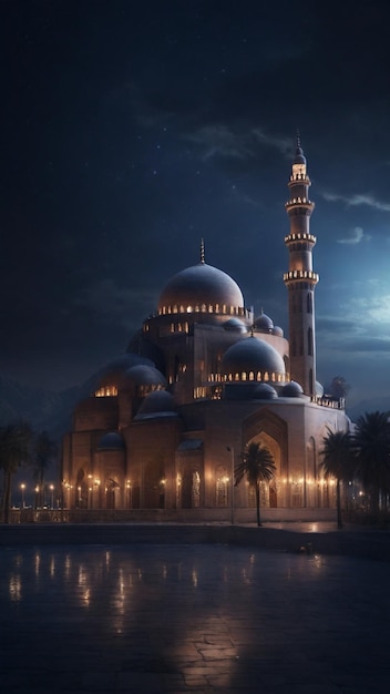 Un'immagine 4K serena con una moschea iconica di notte