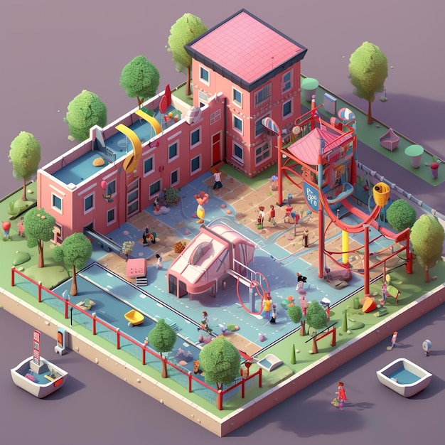 Un'immagine a fumetti di un parco giochi con uno scivolo e un edificio sullo sfondo