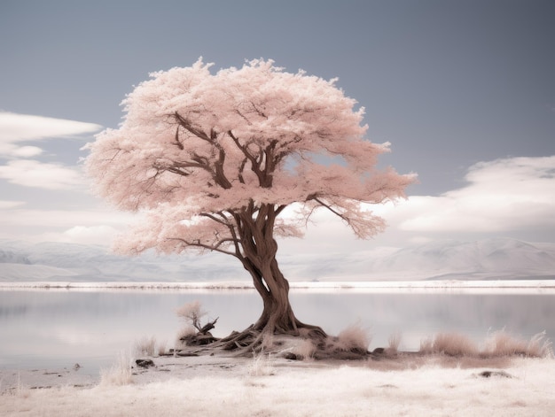 un'immagine a infrarossi di un albero sulla riva di un lago