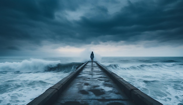 un'immagine a tema del lunedì blu della silhouette di una persona in piedi sul bordo di un molo