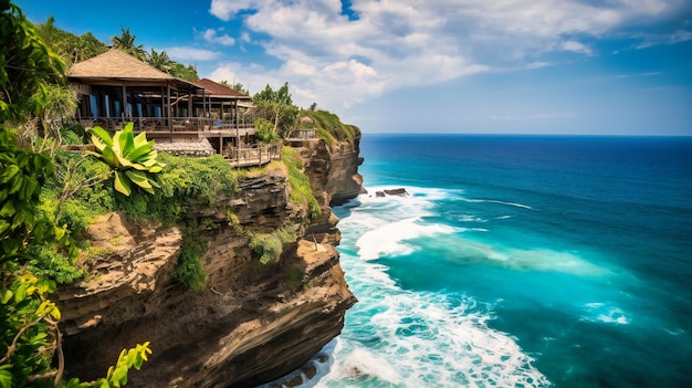 Un'immagine accattivante di lussuosi bungalow con vista sull'oceano situati su una spettacolare scogliera che offre panorami e tranquillità impareggiabili