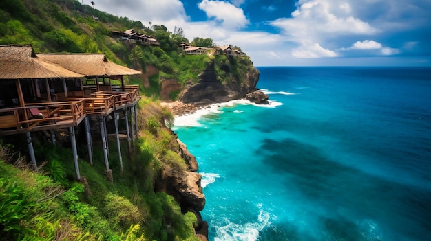 Un'immagine accattivante di lussuosi bungalow con vista sull'oceano situati su una spettacolare scogliera che offre panorami e tranquillità impareggiabili