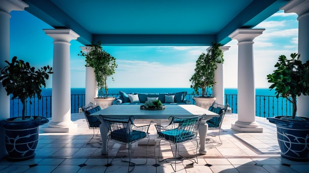 Un'immagine accattivante di un'opulenta terrazza in una lussuosa villa estiva che offre una vista mozzafiato sull'oceano e un ambiente sofisticato