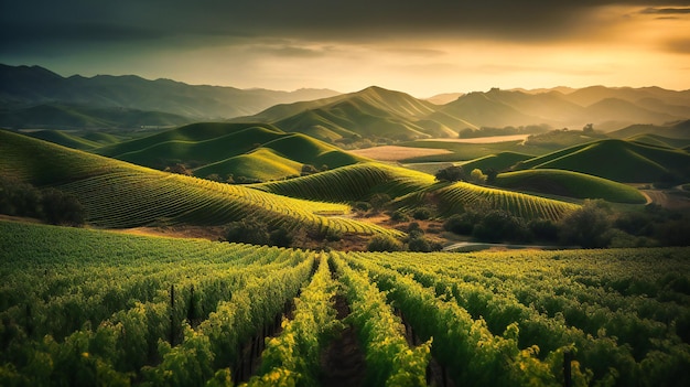 Un'immagine accattivante di un rigoglioso vigneto con colline graziosamente ondulate sullo sfondo