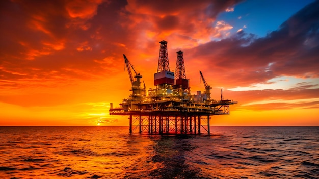 Un'immagine accattivante di una piattaforma petrolifera e di un impianto di perforazione offshore sullo sfondo di un drammatico tramonto o alba