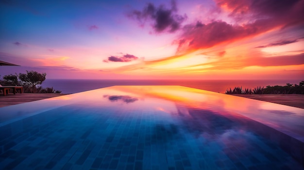 Un'immagine accattivante di una sontuosa piscina a sfioro sullo sfondo di uno splendido tramonto estivo che offre un lussuoso rifugio