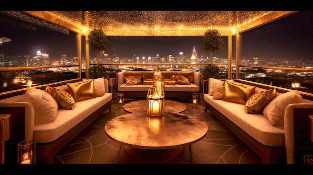 Un'immagine accattivante di una stravagante lounge panoramica che offre un ambiente magico e sontuoso per una lussuosa serata estiva