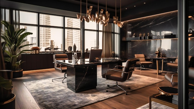 Un'immagine accattivante di uno spazio ufficio opulento progettato per trasudare raffinatezza ed esclusività per marchi di fascia alta