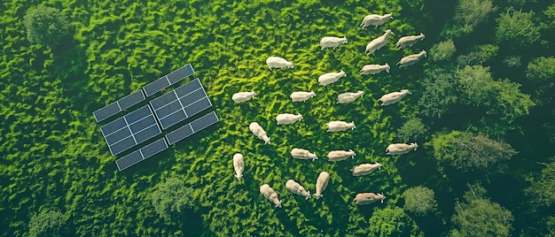 Un'immagine aerea di pecore che mangiano in un campo d'erba verdeggiante con pannelli solari diverse fonti di energia