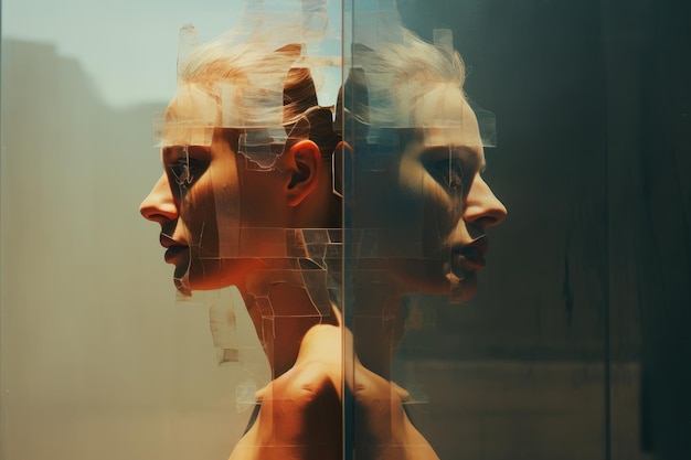 Un'immagine affascinante che mostra una doppia esposizione di un uomo e una donna in perfetta simmetria Interazione di confini netti e sfocati che mostra le dualità della vita Generata dall'IA