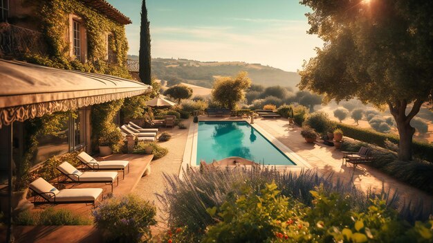 Un'immagine affascinante dell'affascinante area a bordo piscina di una villa in affitto che unisce comfort moderni con l'incantevole sfondo di un vasto vigneto