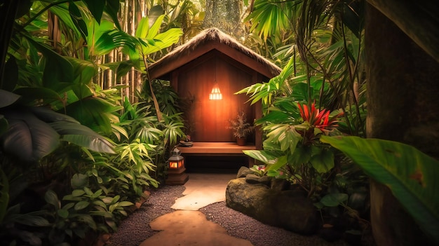 Un'immagine affascinante di un accogliente angolo di meditazione circondato da una vegetazione lussureggiante per un ritiro estivo rigenerante