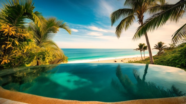 Un'immagine affascinante di una lussuosa piscina a sfioro che si fonde perfettamente con il paesaggio della spiaggia circostante e la vegetazione tropicale