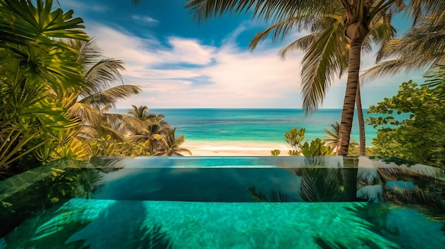 Un'immagine affascinante di una lussuosa piscina a sfioro che si fonde perfettamente con il paesaggio della spiaggia circostante e la vegetazione tropicale