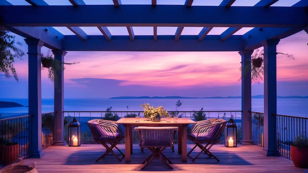 Un'immagine affascinante di una terrazza ben arredata che offre un rifugio tranquillo e sofisticato durante un tramonto estivo mozzafiato