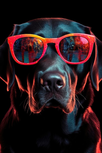 Un'immagine affascinante e giocosa di un Labrador nero che indossa occhiali da sole rossi Genera Ai