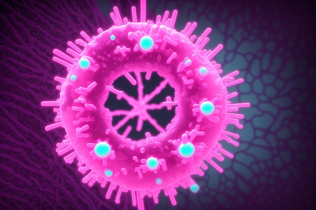 Un'immagine al neon rosa e blu di un virus.