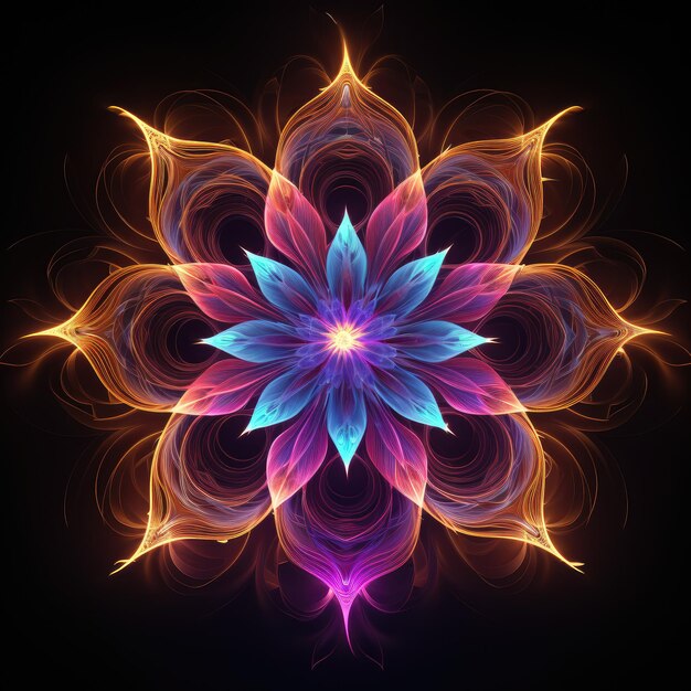 Un'immagine astratta di un fiore fantastico disegnato con linee luminose al neon su uno sfondo nero