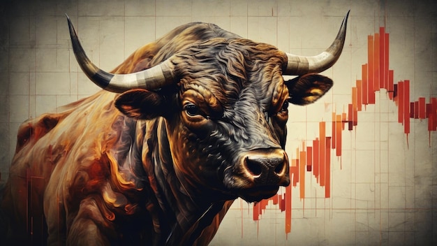 Un'immagine astratta di una testa di toro contro un grafico in aumento che rappresenta un forte mercato azionario
