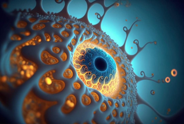Un'immagine blu e arancione di un grande occhio con un grande cerchio blu e la parola "su di esso".