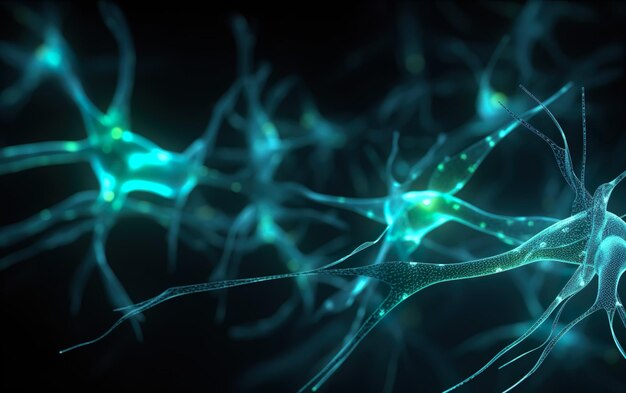 Un'immagine blu e verde di un cervello con sopra le parole neurone.