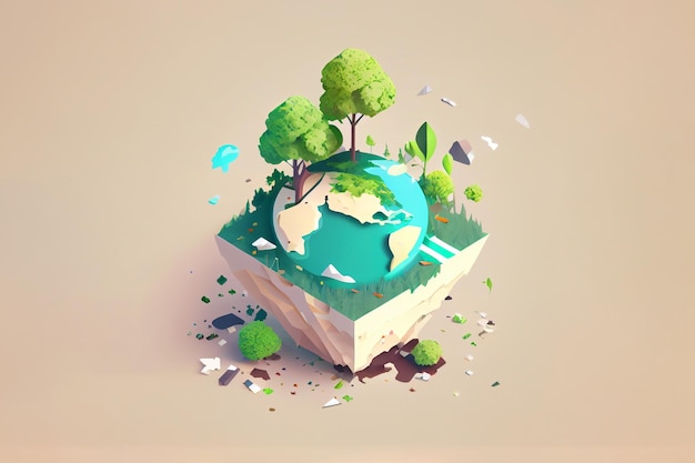 Un'immagine cartoon di un pianeta con alberi e la parola terra su di esso Giornata mondiale dell'ambiente e della terra co
