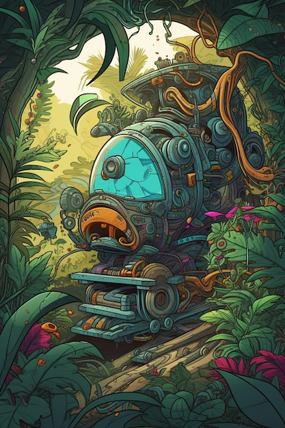 Un'immagine cartoon di un robot nella giungla.