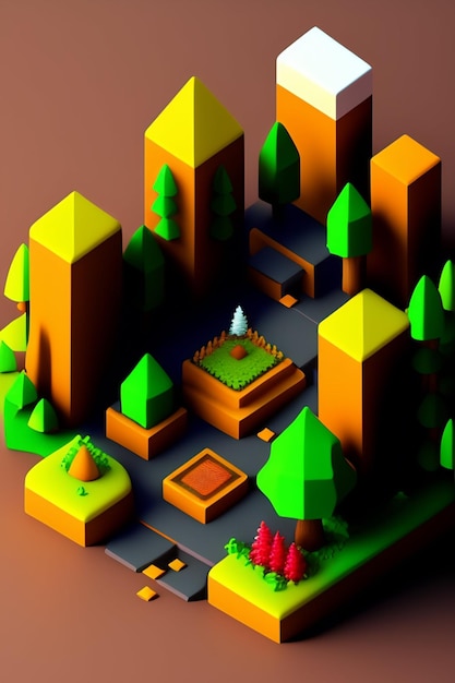 Un'immagine cartoon di una città con un piccolo edificio e alberi.