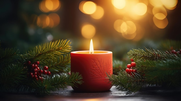 Un'immagine che cattura il caldo bagliore di una candela natalizia accesa circondata da rami sempreverdi