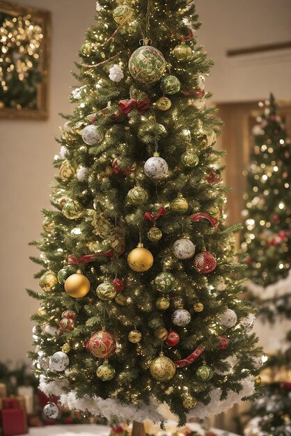 Un'immagine che cattura l'essenza dell'albero di Natale abbagliante adornato con ornamenti luci scintillanti