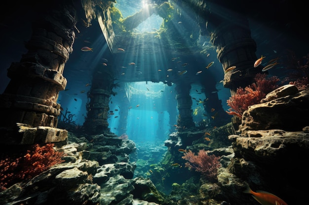 Un'immagine che cattura un ambiente acquatico di pilastri di pietra pesci vibranti barriere coralline vivaci e una vasta