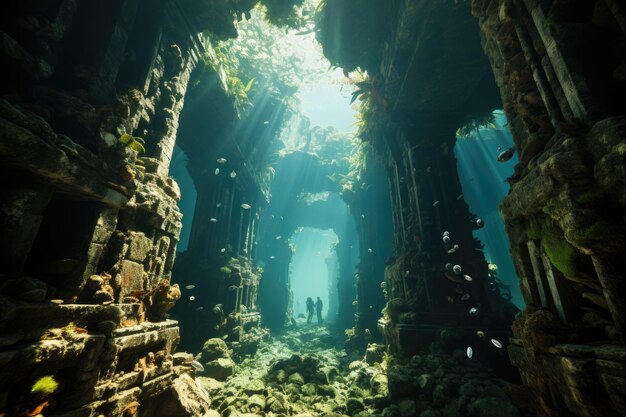 Un'immagine che cattura un ambiente acquatico di pilastri di pietra pesci vibranti barriere coralline vivaci e una vasta