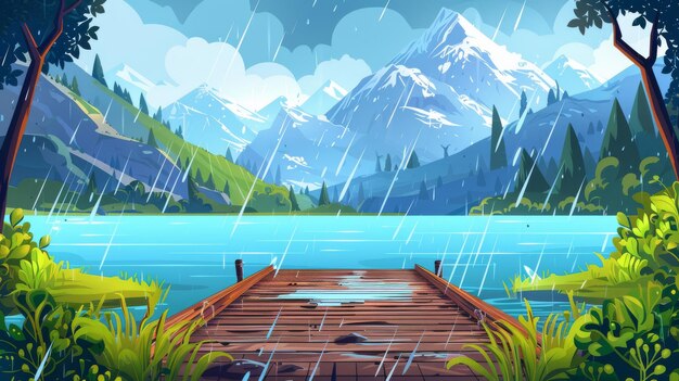 Un'immagine che mostra un paesaggio piovoso estivo con un molo di legno ai piedi di una montagna con cime innevate Un'illustrazione di un cartone animato moderna scena naturale con cespugli di erba verde e alberi su
