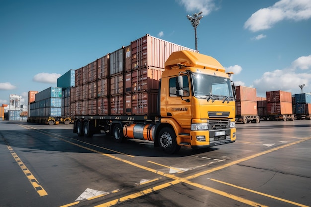 Un'immagine che raffigura la logistica con una nave camion portacontainer nel porto e un aereo per l'importazione-esportazione