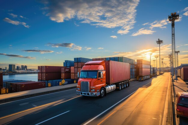 Un'immagine che raffigura la logistica con una nave camion portacontainer nel porto e un aereo per l'importazione-esportazione