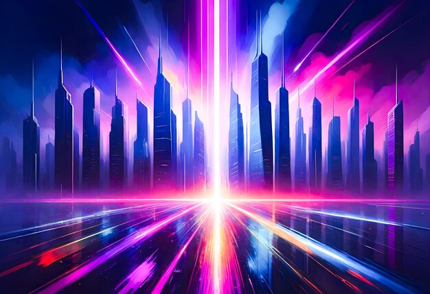 Un'immagine colorata della città cyberpunk con una luce brillante al centro