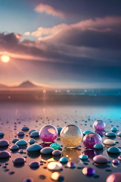 Un'immagine colorata di marmi su una spiaggia con un tramonto sullo sfondo