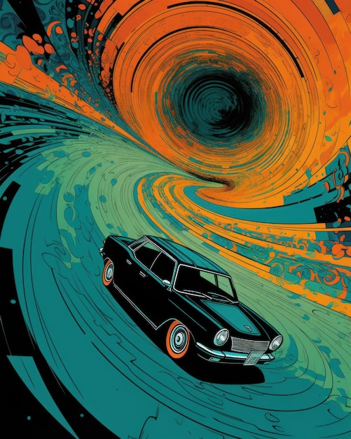 Un'immagine colorata di un'auto che percorre una via arancione