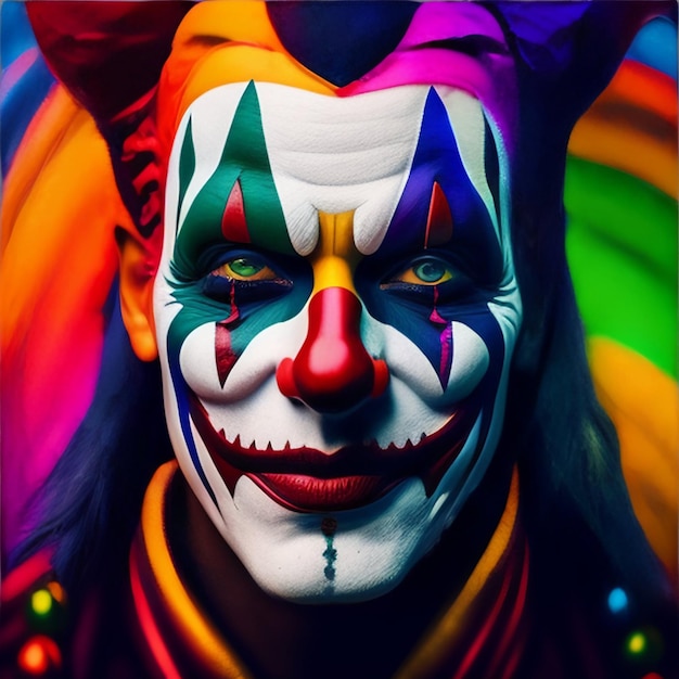 Un'immagine colorata di un clown con una faccia arcobaleno.