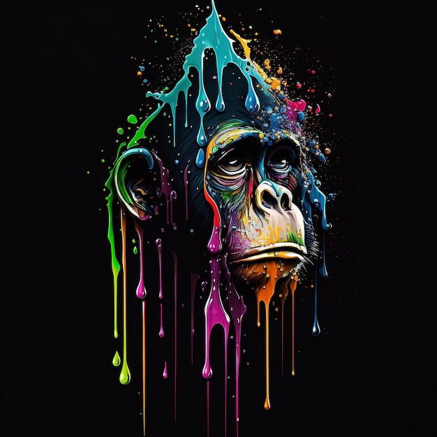 Un'immagine colorata di un gorilla con uno sfondo nero.