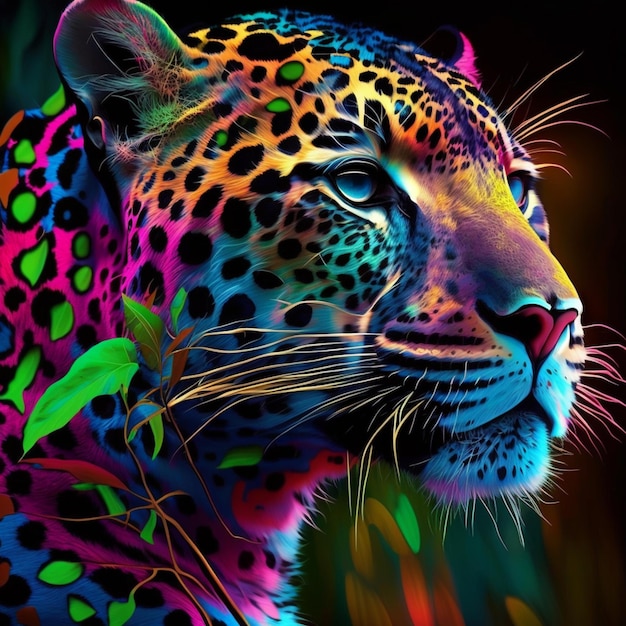 Un'immagine colorata di un leopardo con uno sfondo nero.