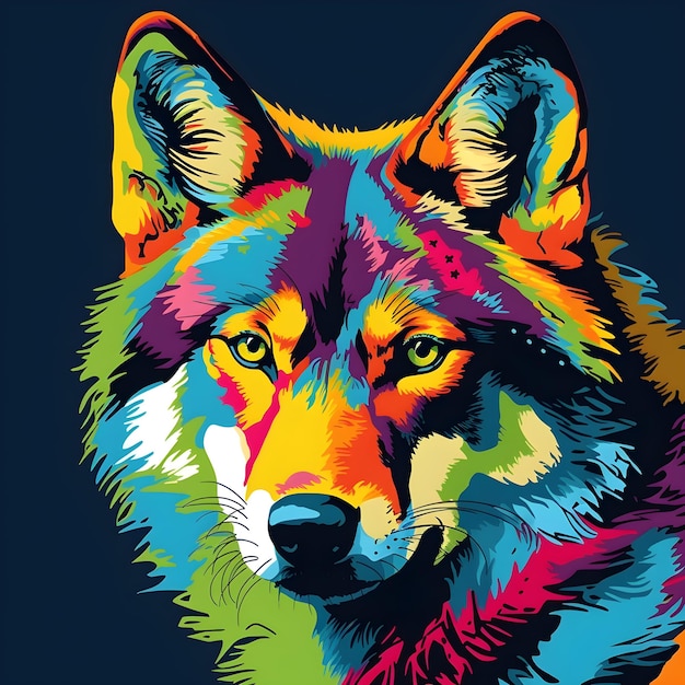 Un'immagine colorata di un lupo con uno sfondo nero.