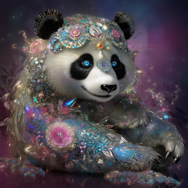 Un'immagine colorata di un panda con gli occhi azzurri e un fiore in testa.
