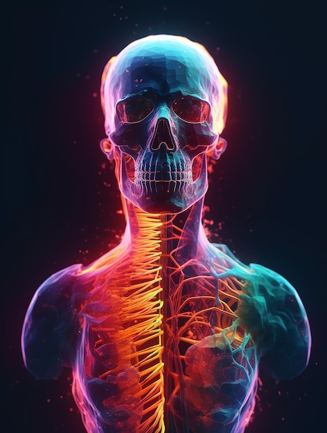 Un'immagine colorata di un teschio umano con le ossa visibili.