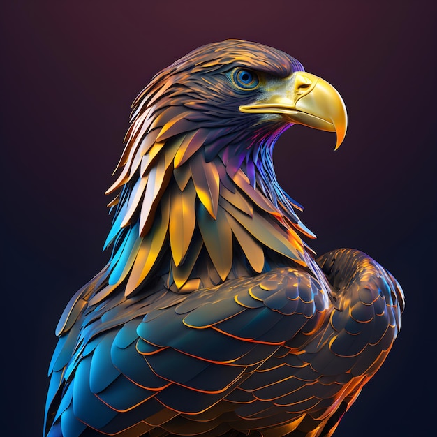 Un'immagine colorata di un uccello con uno sfondo nero e una luce blu Eagle 3d art