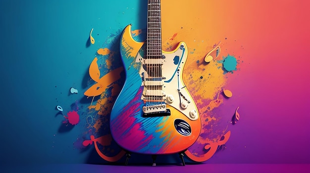 Un'immagine colorata di una chitarra con le parole musica sul fondo