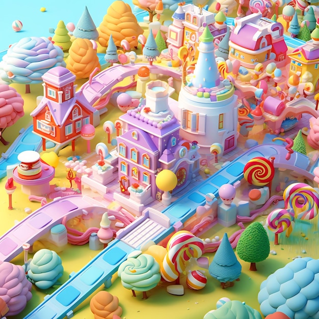 un'immagine colorata di una città giocattolo con una casa e un treno sullo sfondo.