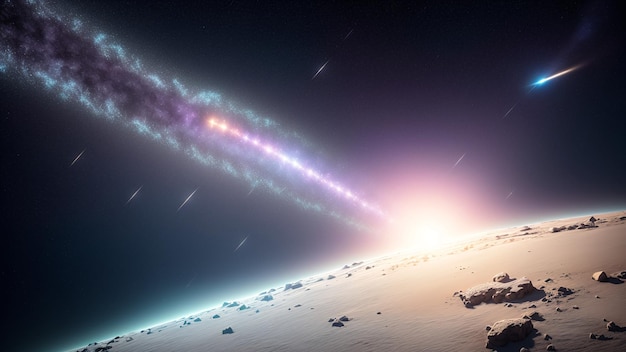 Un'immagine colorata di una cometa che sorvola un'area rocciosa AI generativa