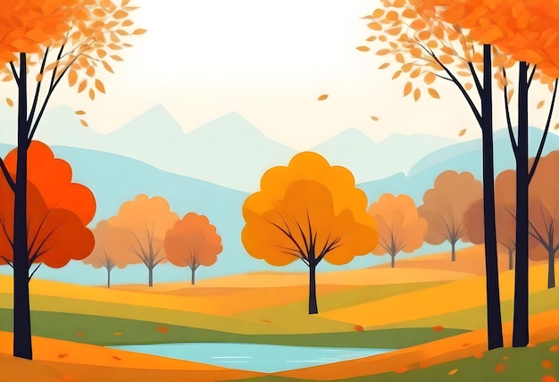un'immagine colorata di una foresta con alberi e montagne sullo sfondo