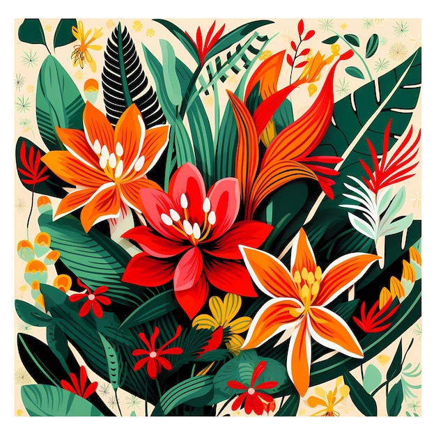 un'immagine colorata di una pianta tropicale con piante e fiori tropicali.